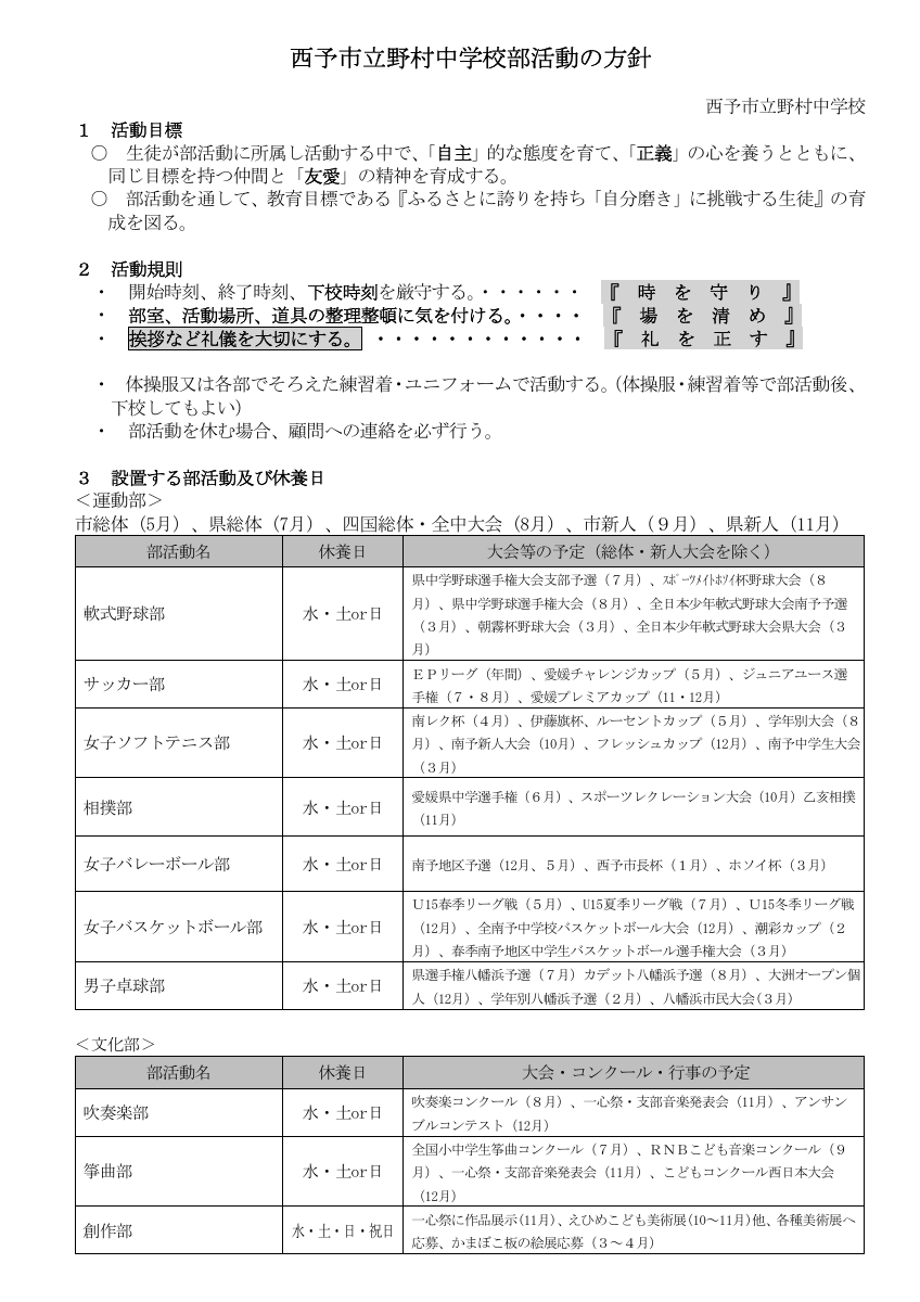 野村中学校部活動方針.pdfの1ページ目のサムネイル